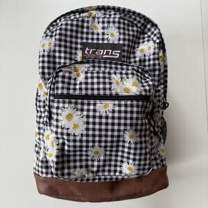 Trans by JanSport Backpack Black‎ Gingham Daisy Print Faux Leather 17”